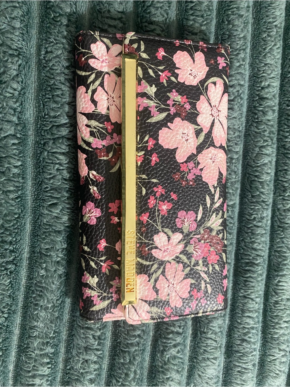 Steve Madden Black Card & Key Holder with Pink Floral Accents and Gold Bar